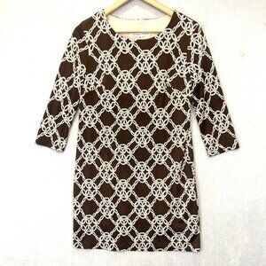 Trina Turk 100% Silk Shift Dress Womens‎ Size 6 Brown 3/4 Sleeve Stretch Office